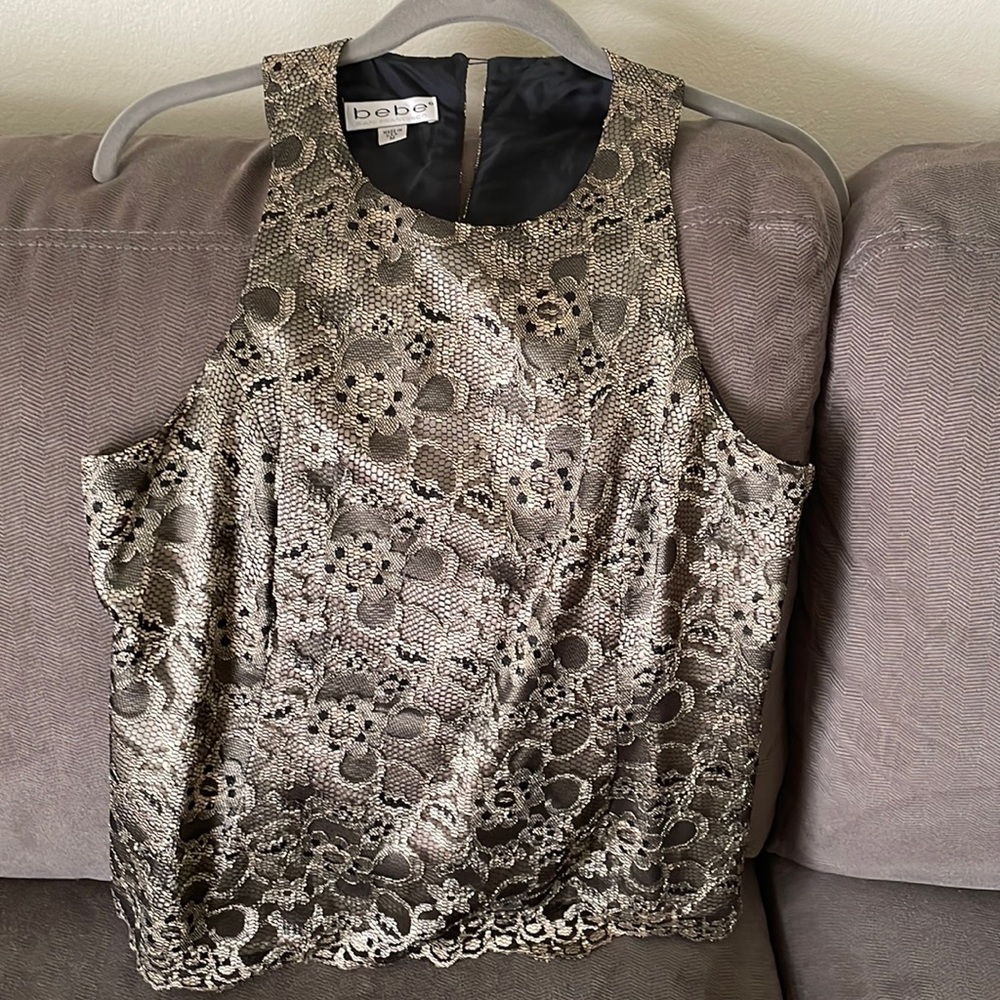 Bebe black/gold lace sleeveless zipper side Holiday top, size M